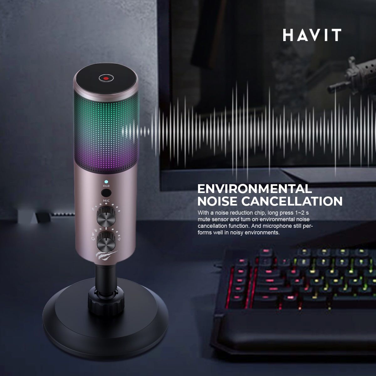 SHEIN Havit GK61 Computer Live Streaming Recording Mic RGB Gaming Professional Condenser Microphone black + ocher One size