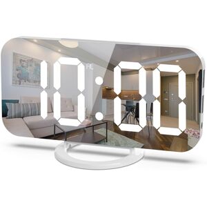 SHEIN Led Alarm Clock With Dual Usb Ports For Mobile Phone Charging, Mirror Surface Digital Desk Clock With Creative Design, Light Sensor Dimmer Electronic Clock White one-size