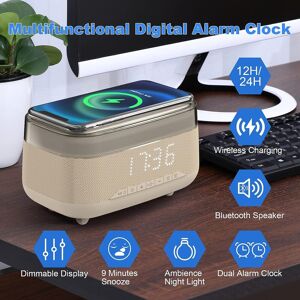 SHEIN 1pc Multi-functional Electronic Alarm Clock With 10w Wireless Charging, Touch Sensor, Colorful Night Light, 5.0 Smart Speaker, Suitable For Bedroom, Living Room, Study Room, Warm Beige Beige one-size