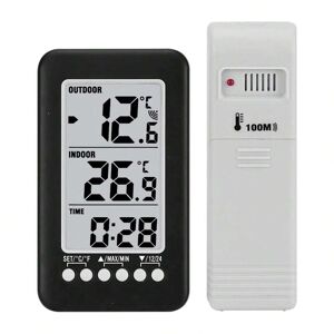 SHEIN 1pc Household Indoor Outdoor Wireless Temperature Meter With Remote Control (Black), Digital Weather Station Clock Thermometer With Max Min Memory For Home, Fridge, Freezer Black one-size