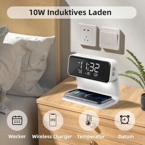 SHEIN Modern 3 In 1 Bedside Touch Lamp Snooze Alarm Clock With 10W Fast Wireless Charging Large LCD Display,3Step Dimmable Touch Control -Perfect For Bedroom,Adult,Living Room,Kitchen,Office White 10W Mobile Phone Wireless Charging