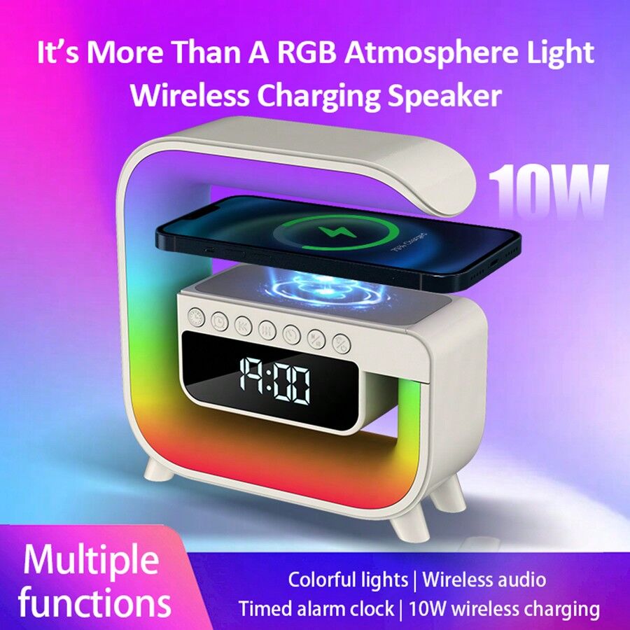 SHEIN 1PC Rechargeable New Upgraded Smart RGB Colorful Atmosphere Light, 10W Wireless Quick Charging, Wireless Bluetooth Speaker, Alarm Clock, For Bedroom Home Decoration, With Intelligent Big LED Display Screen, Desk Lamps, Ambient Light, Night Light. Wh