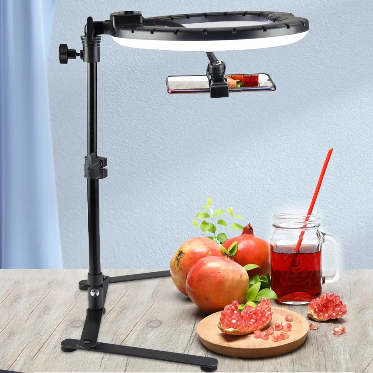 SHEIN Flat Lay Table Tripod Tabletop Stand Support Bracket for Photography Selfie wit Adjustable 26cm LED Ring Light, Overhead Lamp Black one-size