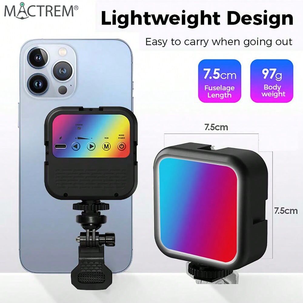 SHEIN MACTREM Full Color RGB LED Video Light 3000K-7000K 800LM Mini Pocket Fill Light Rechargeable Photography Portable Handheld Light Black one-size