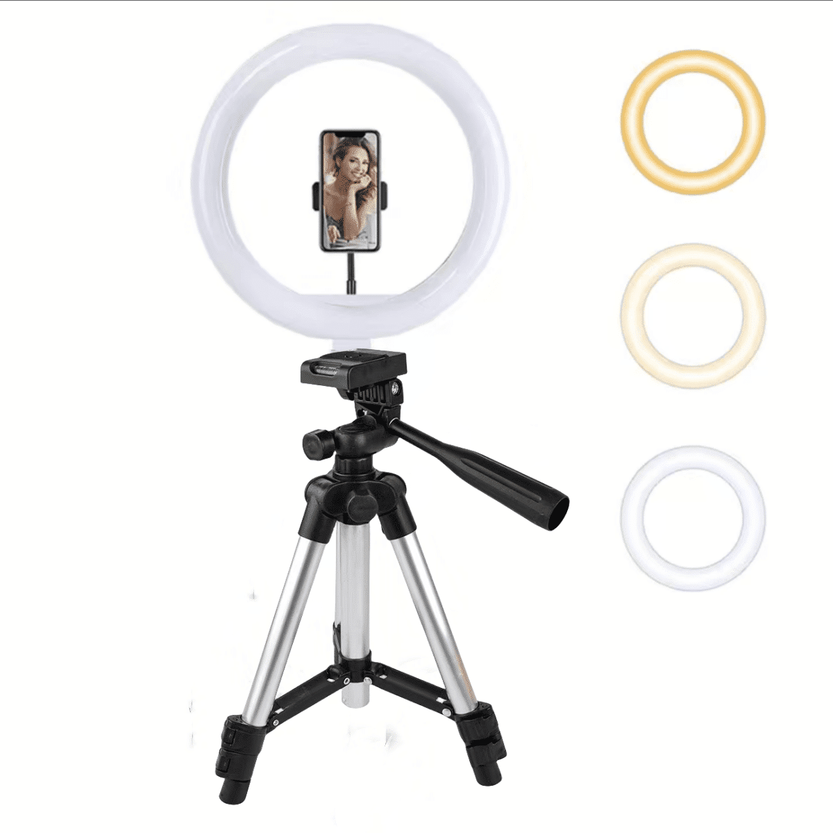 SHEIN 1pc 10" Ring Light, With 11'' Extendable Tripod Stand & Cellphone Holders, Dimmable LED Beauty Selfie Ringlight, For Photography Silver one-size
