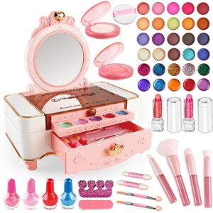 SHEIN 49 Pcs Dresser Kids Makeup Kit For Girls, Dressing Table Princess Real Washable Pretend Play Cosmetic Set Toys With Mirror, & Safe, Birthday Gifts For 3 4 5 6 7 8 9 10 Years Old Girls Kids (Pink) Pink one-size