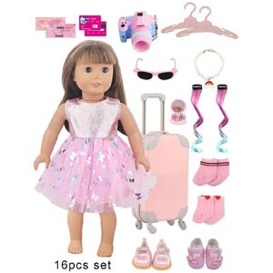 SHEIN 16pcs Doll Clothes Set For Teenage Girls, Including Pink Butterfly Dress, Luggage, And 2 Pairs Of Pink Shoes, A Great Gift For Children's Doll (Doll Not Included) Pink one-size