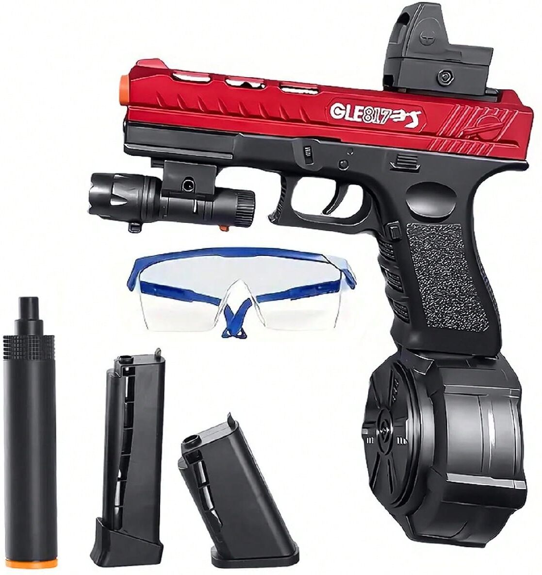 SHEIN Gel Blaster Gun With Drum Magazine And Sight, Hand And Auto Fire Modes, Includes Gel Balls And Goggles, Perfect For Shooting Team Game Red one-size