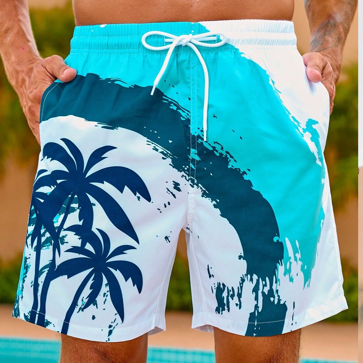 SHEIN Men Coconut Tree Print Drawstring Waist Swim Trunks Blue and White L,M,S,XL,XXL Men