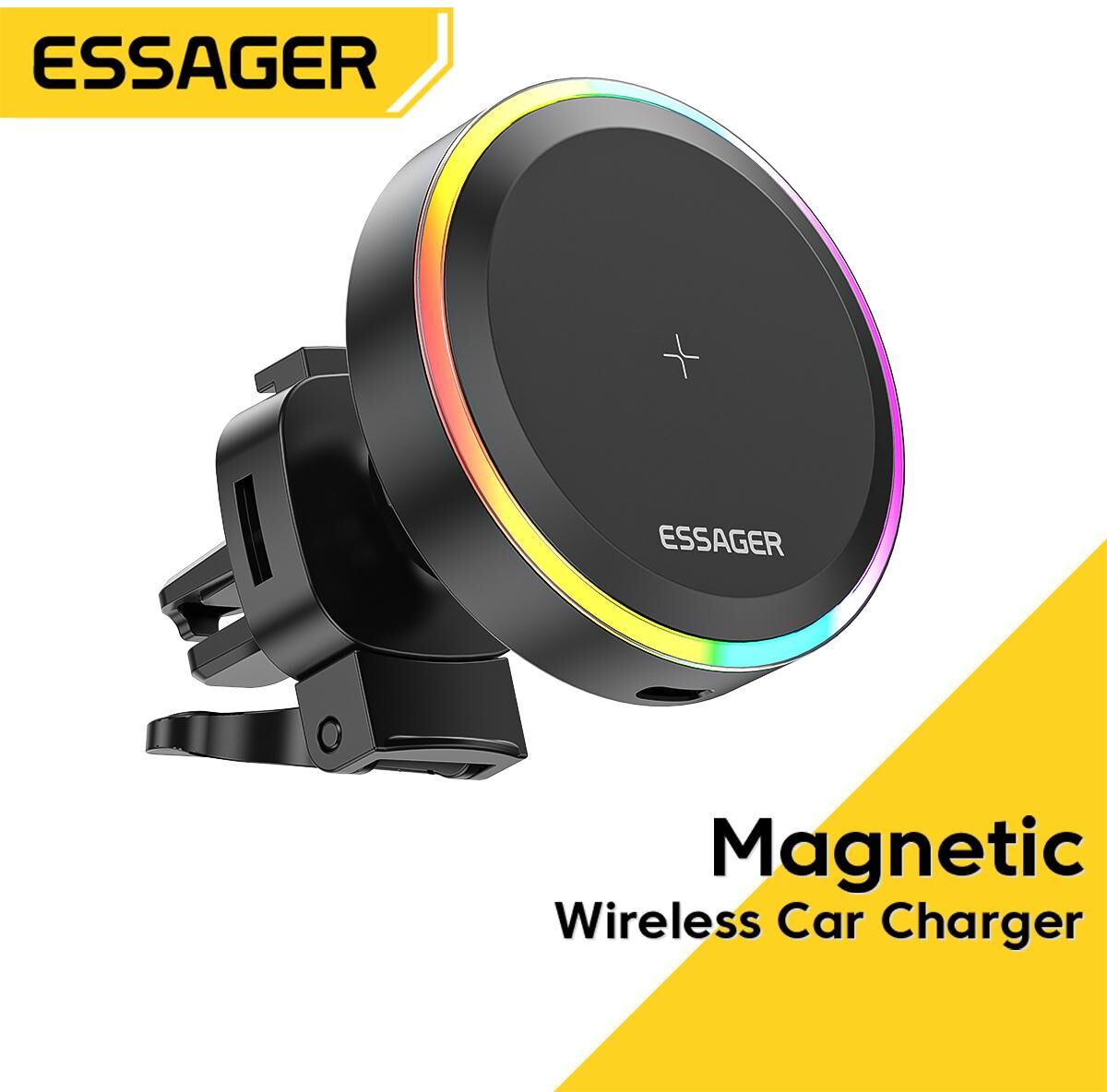 SHEIN RGB Magnetic Car Phone Holder Qi 15W Wireless Charger Car Compatible With iPhone 14 13 Pro Max Samsung Universal Phone Holder Stand Black one-size