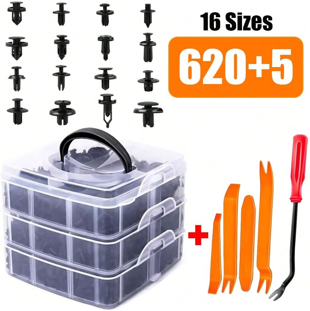 SHEIN 625 Pcs Car Fastener Retainer Clips Auto Body Push Pin Rivet Clip Of 16 Most Popular Sizes And 5 Trim Removers Tool Set, Automotive Bumper Fender Door Panel Plastic Clips Kit For Trucks & Motorcycles Black one-size