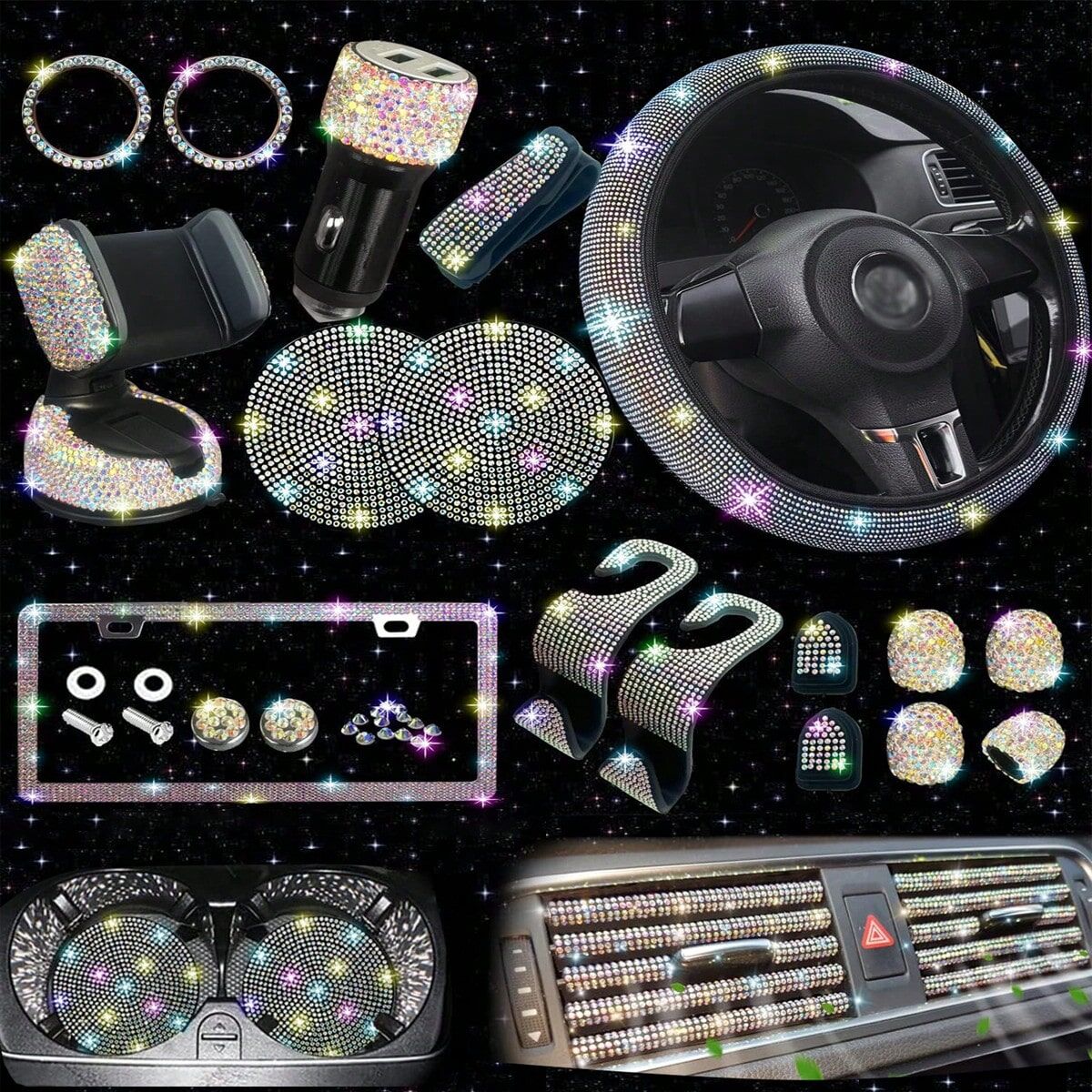 SHEIN 27pcs Women's Bling Car Accessory Kit, You Will Receive: 1 Universal Steering Wheel Cover 15'', 1 Mobile Phone Holder, 1 License Plate Frame, 10 Car Air Vent Decoration, 1 Dual Usb, 2 Car Cup Mat, 2 Multi-Functional Car Seat Back Hook, 1 Glasses Hol