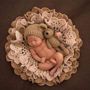 SHEIN Newborn Photography Props Blanket Knitted Posing Mat Background Photography Accessories Bear and Rabbit Set Baby Photo Brown one-size