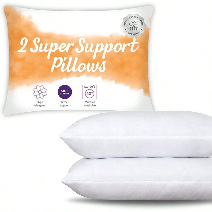 SHEIN Beijiyi Pillows 2 Pack - Super Support Firm Side Sleeper Bed Pillows For Neck And Shoulder Pain Relief - Comfy & Supportive, Hypoallergenic, Made In The UK, Standard Size (48cm X 74cm) White