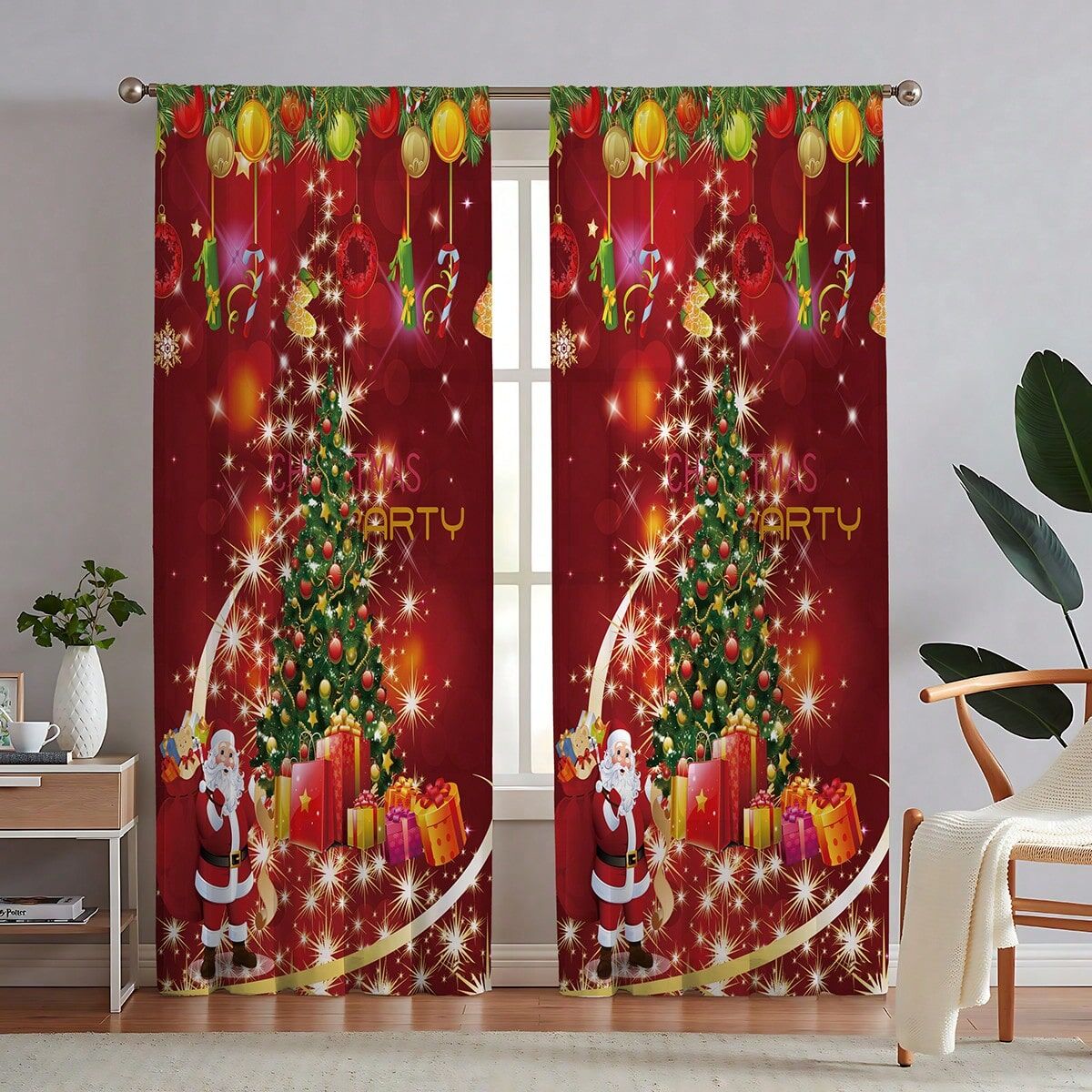 SHEIN 2pcs Christmas Element Printed Rod Pocket Sheer Curtains For Home Decoration - Bedroom, Office, Kitchen, Living Room, Study Multicolor 132*160,132*183,132*213,132*241