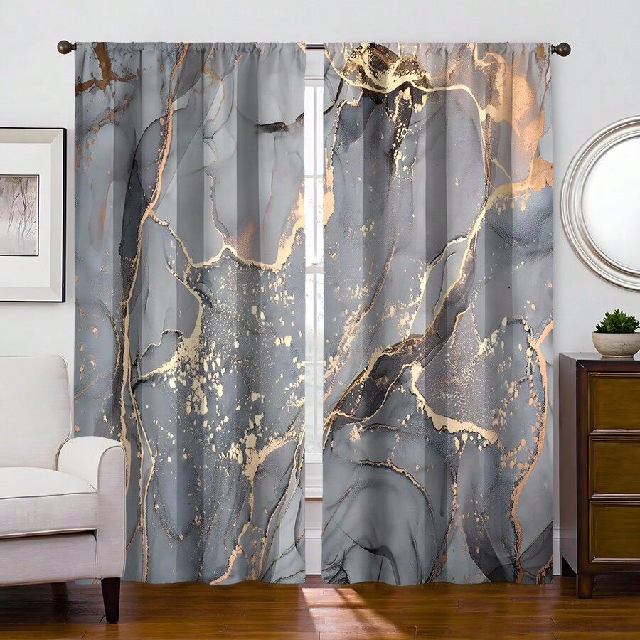 SHEIN 2pcs Grey & Gold Marble Style Modern Rod Pocket Curtains For Living Room, Bedroom, Dining Room, Kitchen, Farmhouse Home Decor Multicolor 90*210,75*166,105*230