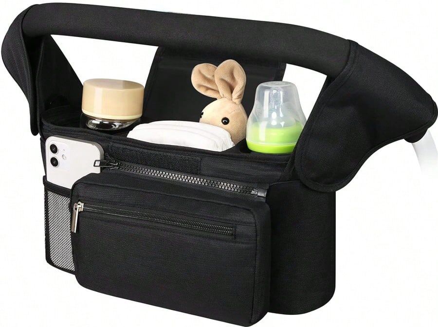 SHEIN Universal Stroller Organizer With Insulated Cup Holder Detachable Phone Bag And Shoulder Strap,Stroller Bag Caddy Organizer Accessories Fits For Uppababy, Baby Jogger, Strollers Black one-size