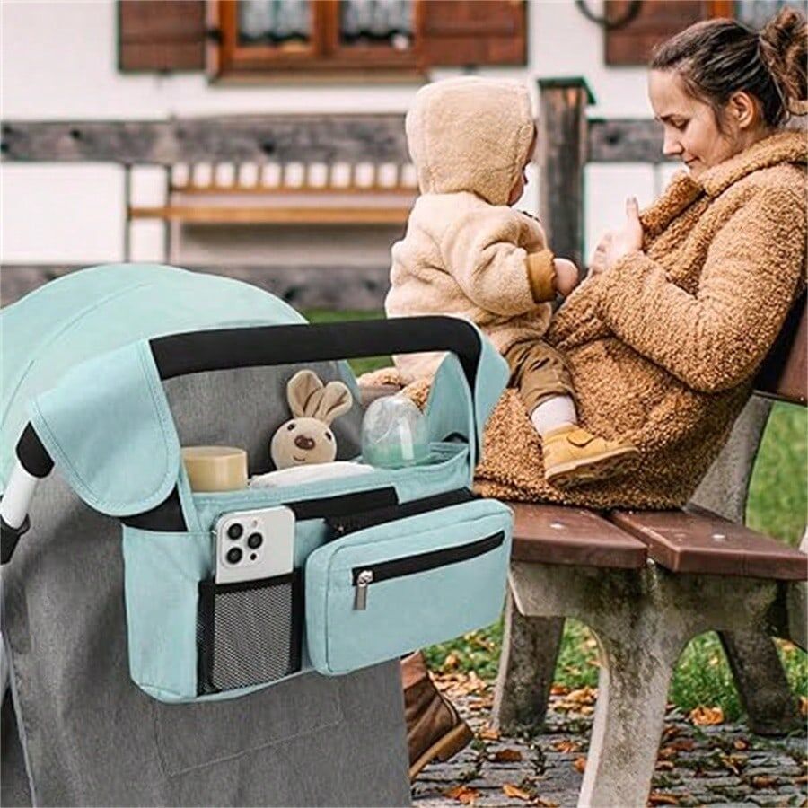 SHEIN Universal Stroller Organizer Detachable Phone Bag And Shoulder Strap,Baby Plain Waterproof Multifunction Stroller Storage Bag Blue one-size