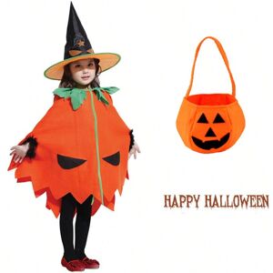 SHEIN 【halloween Party】kids' Pumpkin Costume With Cape, Hat And Pumpkin Bag, Cosplay Fancy Dress Outfit For Carnival Party Orange S