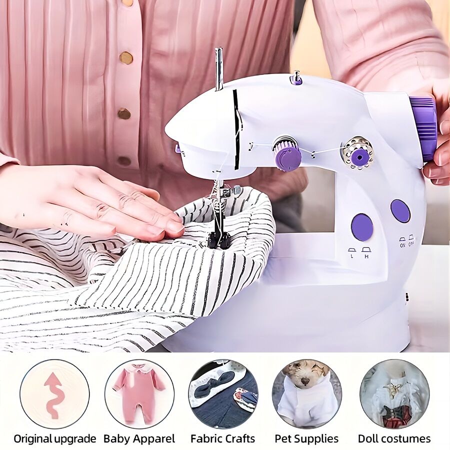 SHEIN 1pc Sewing Machine Mini Portable Household Night Light Foot Pedal Straight Line Hand Table Two Wire Kit Electric Sewing Machine Purple