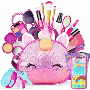 SHEIN Kids Makeup Kit for Girls, Pretend Makeup Play Set with Unicorn Cosmetic Bag, Kids Dress Up Purse Little Girls Toys (Colour Random) Pink one-size