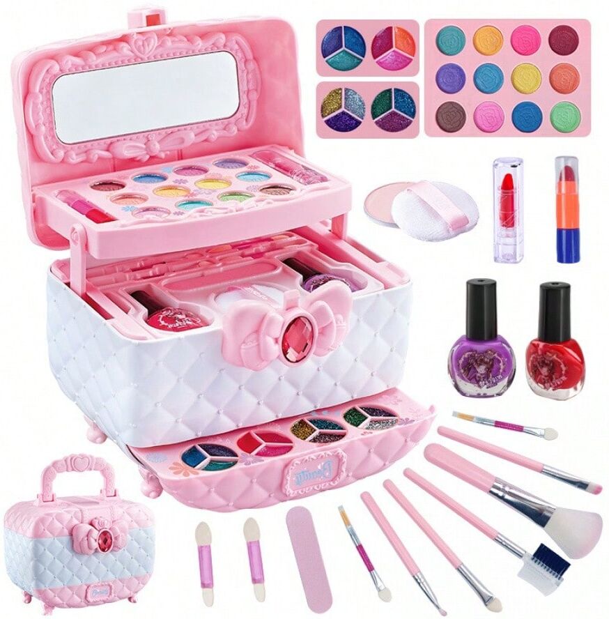 SHEIN Kids Cosmetic Set Toys With Mirror Little Bag For Girls Princess Real Washable Pretend Play Beauty Toys Makeup Kit & Safe Birthday Gifts For Girls Pink one-size