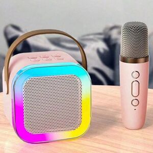 SHEIN Portable Home Small BT Speaker With Single Microphone And Colorful Light Suitable For Home Singing Karaoke Pink one-size