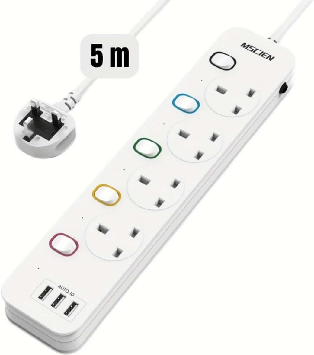 SHEIN 1pc British Standard 5m Extension Cord With 3 Usb Ports, 4 Power Outlets, Independent Switch Design, Surge Protection, Can Be Wall-mounted. Suitable For Home/office Use. 3250w Power. White UK Plug