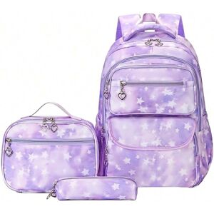 SHEIN 3pcs/Set Girls' Starry Sky Print Backpack, Lightweight Casual Schoolbag With Pencil Case And Lunch Box, Suitable For Outdoor Travel, Birthday Gifts And School Supplies For Teenage Girls, Random Printed Design, Purple Purple