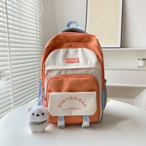 SHEIN Fashionable And Simple Letter Printed School Backpack For Junior And Senior High School Students, With Lovely Bear Pendant, Large Capacity, Double-Layer Compartment, Suitable For Travel, School And Daily Use Orange