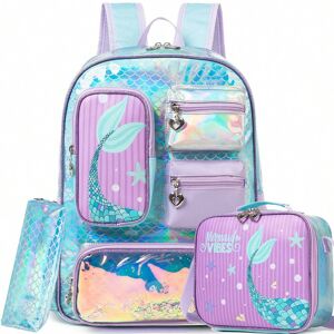 SHEIN Backpack For Girls Multi Pocket Mermaid Leather Backpack Girls Back To School School Bag With Lunch Bag And Pen Bag Blue