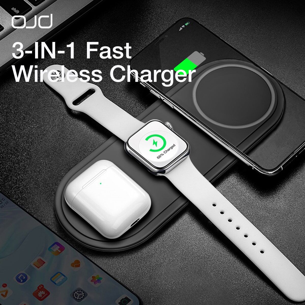 SHEIN OJD 3 in 1 Wireless Charging Station, 15W Fast Charger for iPhone 14 Pro Max/14 Pro/14 Plus/13/12/11/X, Apple Watch Ultra/SE/8/7/6/5/4/3/2, AirPods Pro/3, and Other Wireless Charging-enabled Devices.(Included A Type-C Cable) Black one-size,Includes 