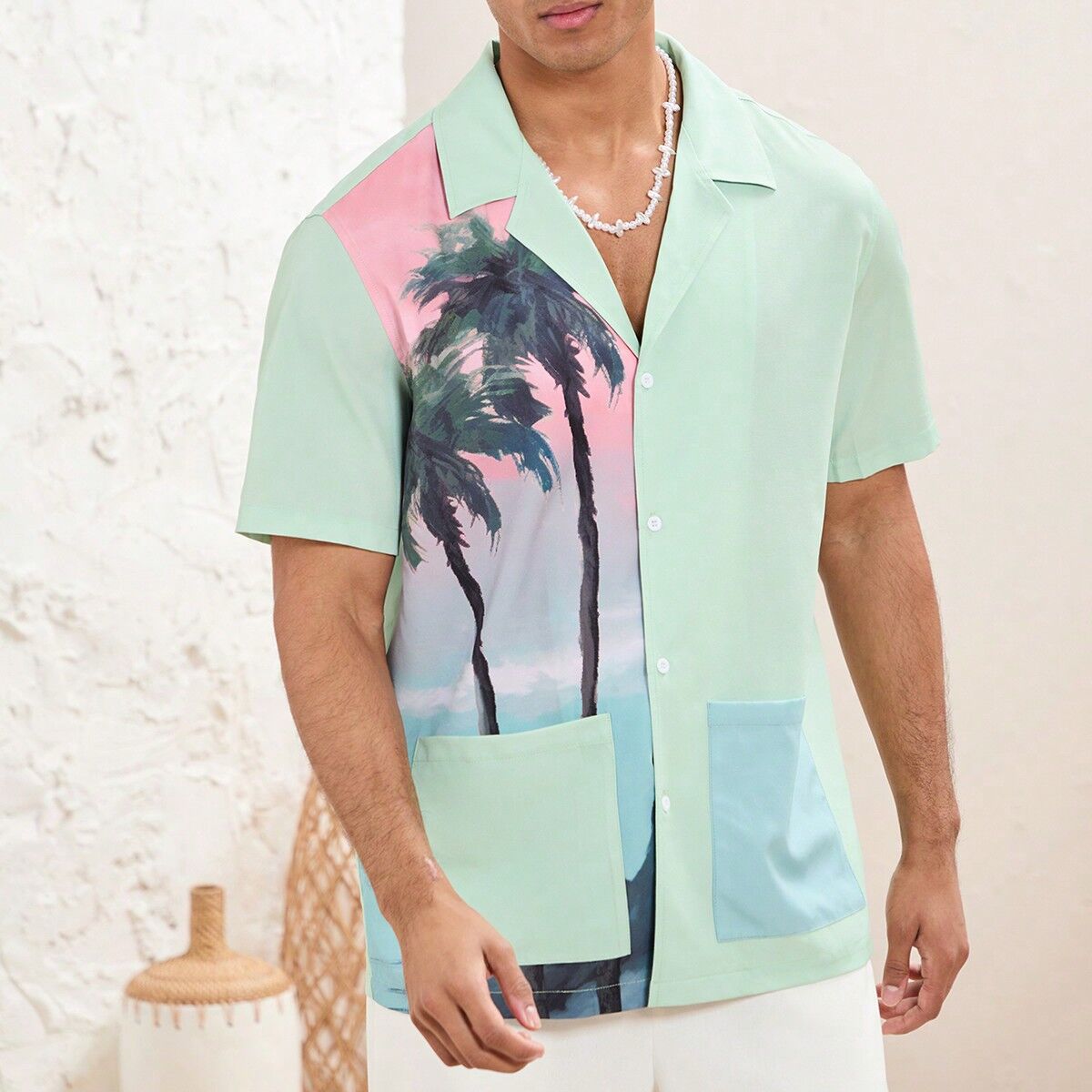 SHEIN Men's Festival Clothing Music Festival Bohemian Mesh Beach Palm Tree Print Loose Fit Short Sleeve Button Down Collar Green Shirt Multicolor L,M,S,XL,XS,XXL,XXS,XXXL,XXXXL Men