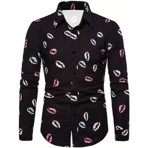 SHEIN Men's Fashion Slim Fit Long Sleeve Lips Printed Shirt Black L,M,S,XL,XXL Men