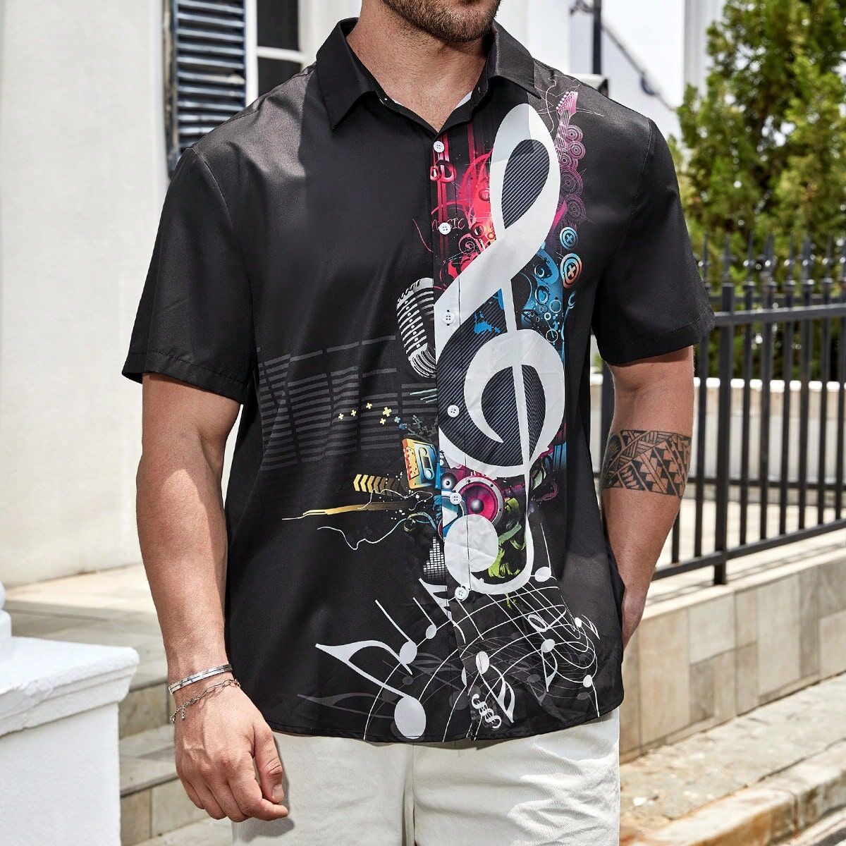 SHEIN Men Plus Musical Instrument Print Shirt Black 2XL,3XL,4XL,5XL,6XL Men