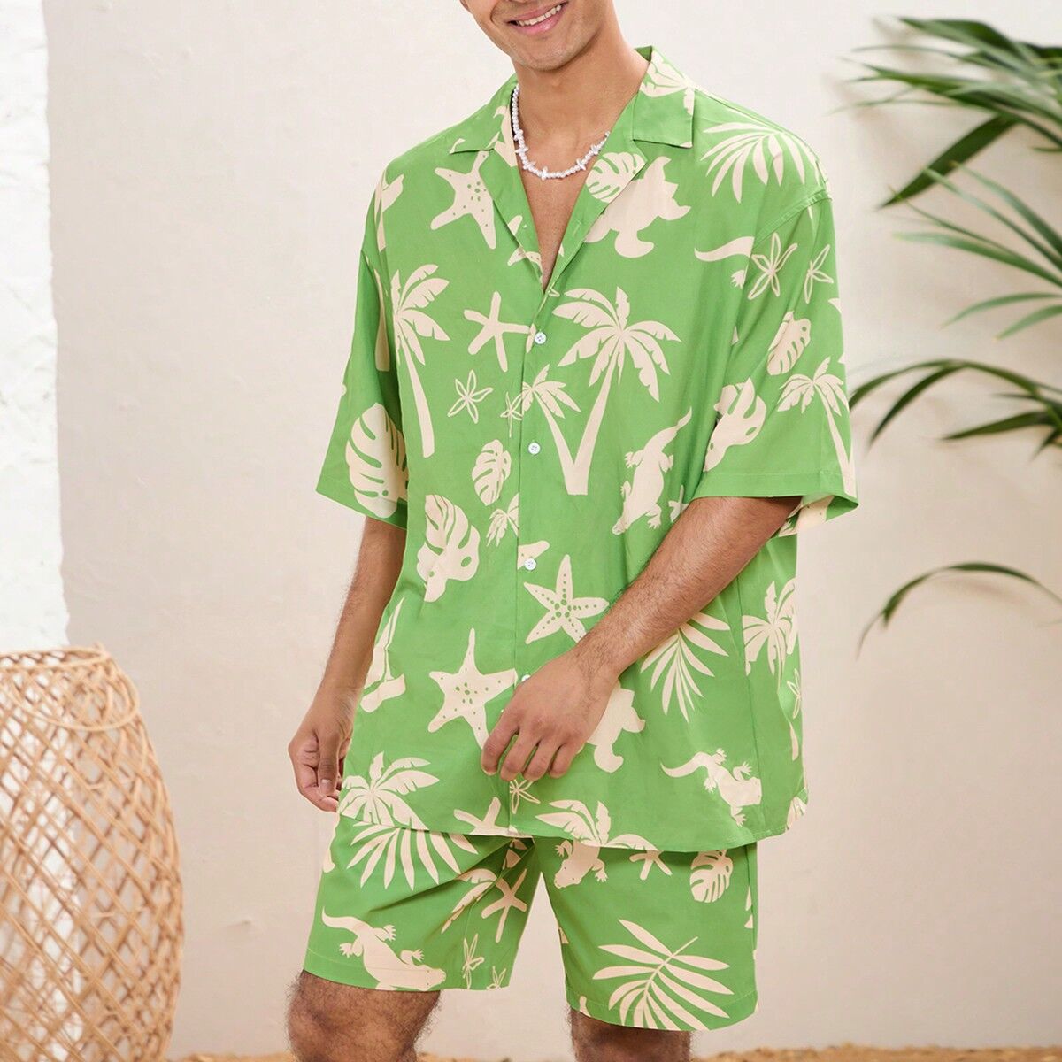 SHEIN Men's Festival Clothing Bohemian Vacation Plant And Flower Printed Loose Woven Casual Shirt And Shorts Set For Music Festival Green L,M,S,XL,XS,XXL,XXS,XXXL,XXXXL Men