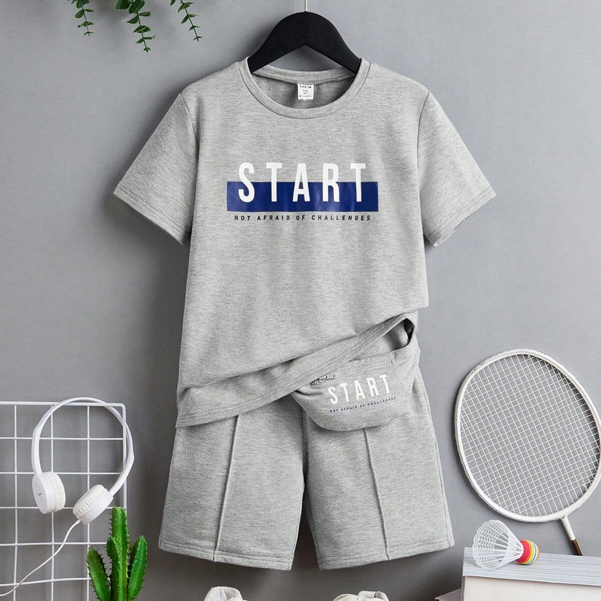 SHEIN Teen Boys' Casual Letter Print T-Shirt And Elastic Waist Shorts Set With Bag Accessories Grey 14Y,13Y,16Y,15Y Boys