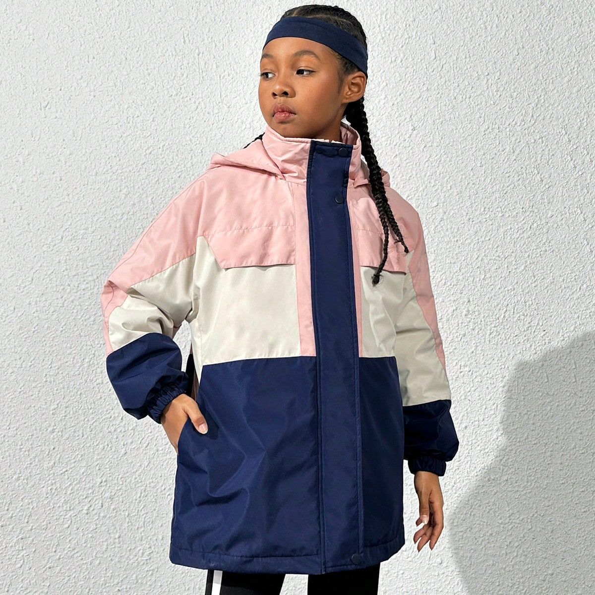 SHEIN Outdoor Sports Jacket For Tween Girls, Three Tone Blue Pink And White Colorblock, Mid-length Padded Coat, Windproof, Waterproof, Thermal, Fashionable, Suitable For Mountaineering, Hiking, Daily And City Commuting Use. Pink 8Y,9Y,10Y,11Y,12Y Girls