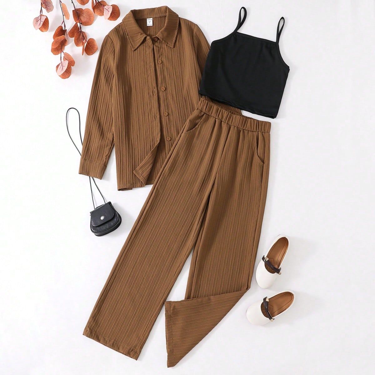 SHEIN Teen Girls' Clothing Set Coffee Brown 14Y,13Y,16Y,15Y Girls