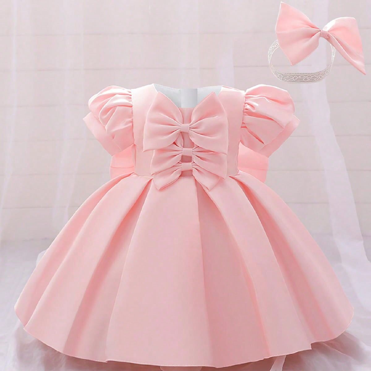 SHEIN Baby Girls' Round Neck Satin Dress With Bowknot Decoration On The Back, Romantic And Elegant Princess Dress, Comes With Hair Accessories Pink 12-18M,18-24M,2-3Y Girls