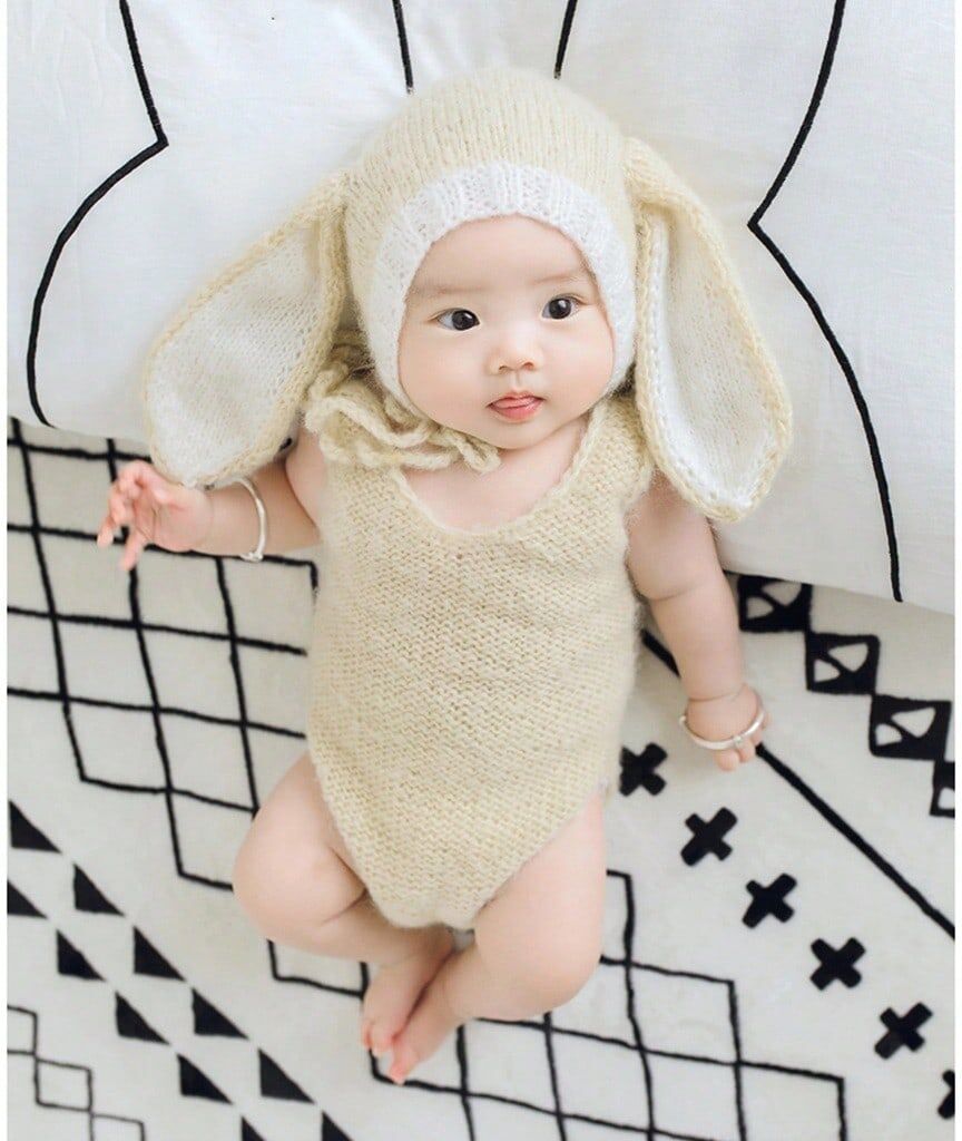 SHEIN Baby Photography Clothing Long Ears Rabbit Style Hat + Clothes Photo Studio Props 3-6 Months Of Children's Growth Gift Beige one-size