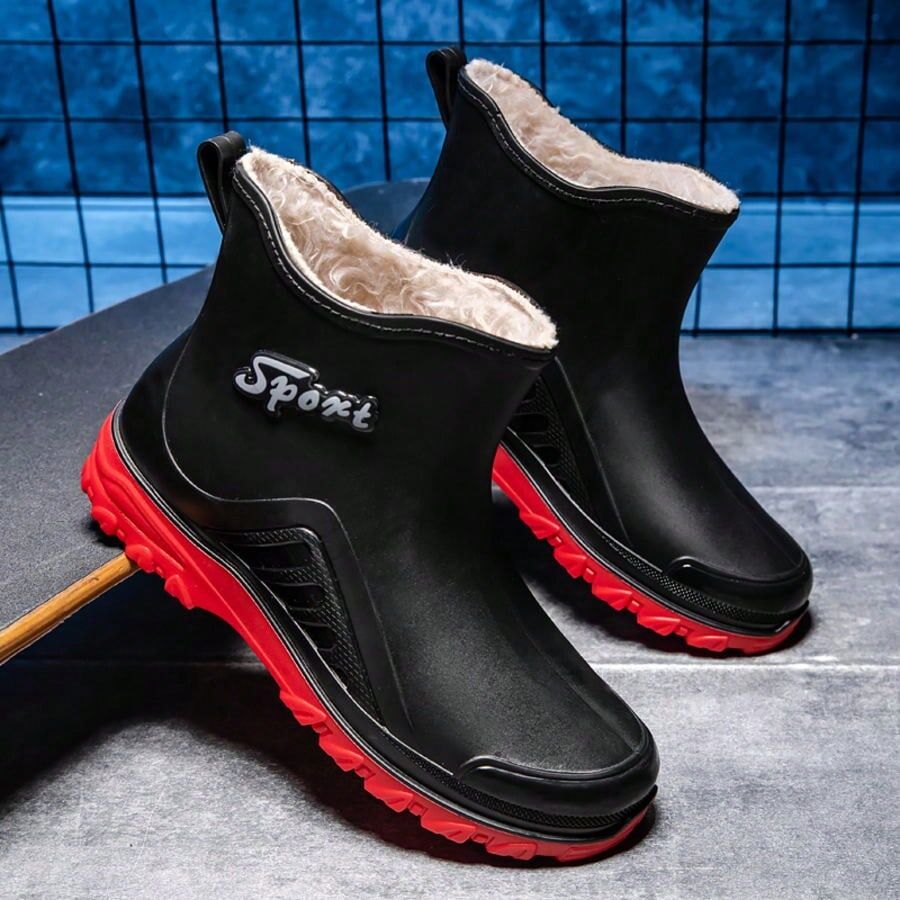 SHEIN Fashionable Short Rain Boots For Men, Waterproof, Slip-Resistant, Warm, With Fixed Fluff And Wear-Resistant Outsole Red CN39,CN40,CN41,CN42,CN43,CN44