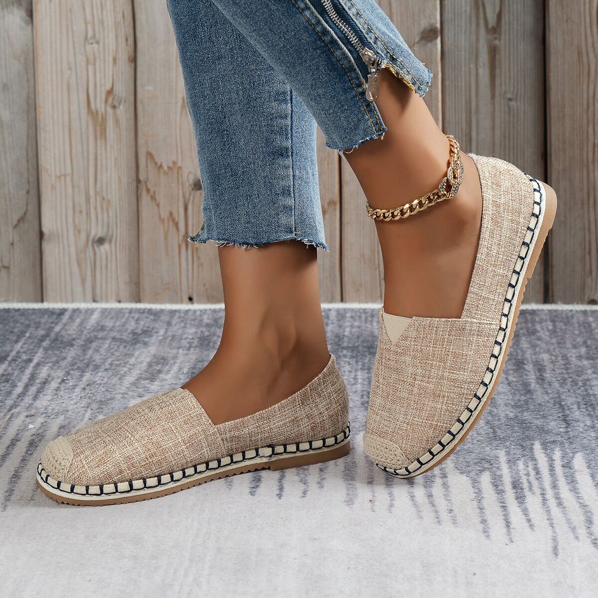 SHEIN Colorblock Espadrille Flats, Solid Color Women's Flat Shoes With Beige Holiday Embroidery Beige CN35,CN36,CN37,CN38,CN39,CN40,CN41 Women