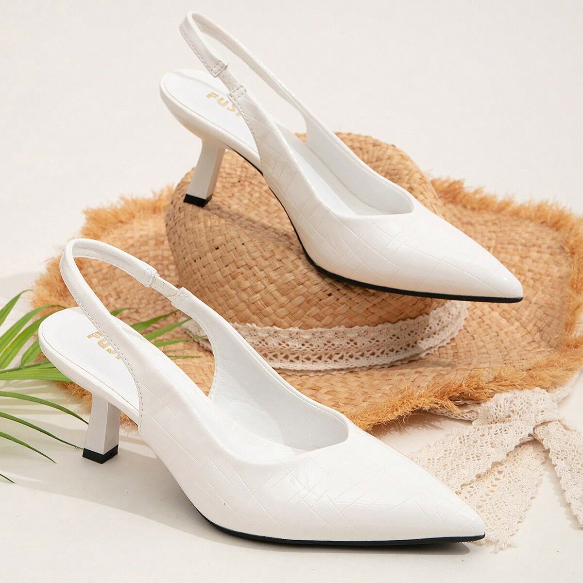 SHEIN High Heel Women's Shoes - Stiletto Court Heel, Pebbled Texture Pointed Toe, Hollow Out Design At The Back With Ankle Strap White CN35,CN36,CN37,CN38,CN39,CN40,CN41,CN42,CN43,CN44 Women