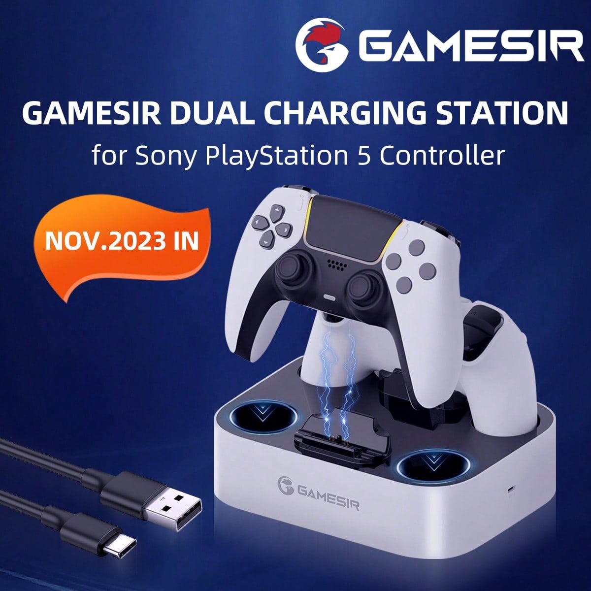 SHEIN GameSir Dual Controller Charger Station Dock Compatible With PlayStation 5 PS5 DualSense / Edge Controller Charging Simultaneously,Gaming Console Gamepad Joystick Accessories,2.5 Hours Fully Charged,Overcharge Protection,1pcs,Black&White Black and W