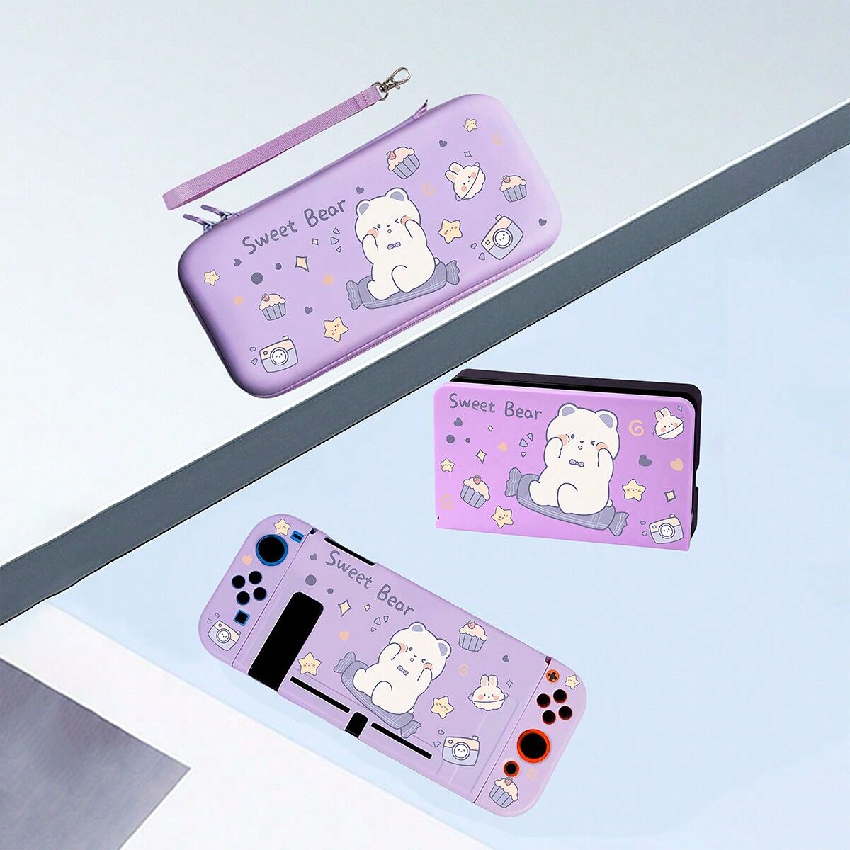 SHEIN 3pcs Cartoon Purple Switch Carrying Case, Protective Cover For Joy-con & Console, Game Accessory Purple Nintendo Switch