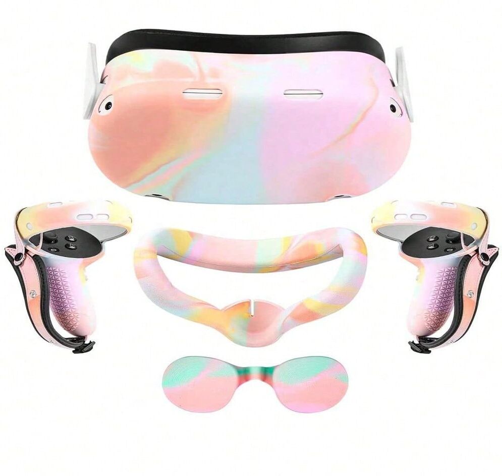 SHEIN Silicone Protective Case Set For Oculus Quest 2, Includes Headset Cover, Face Cover, Controller Grips, Lens Cover Macaron one-size