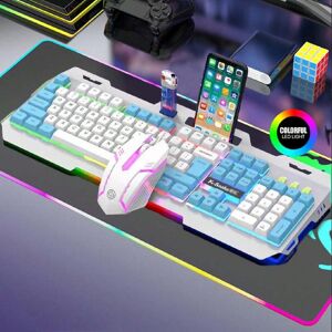 SHEIN Cool Luminous Mechanical Keyboard And Mouse Set For Desktop Computer And Laptop Gaming With Wired Connection White+Blue one-size