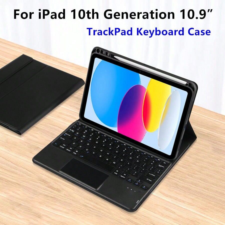 SHEIN TrackPad Keyboard Case Cover For iPad 10 th10.9inchTablet Magnetic separation Smart TouchPad KeyboardsA2757 A2696 Pen slot case Black-English layout