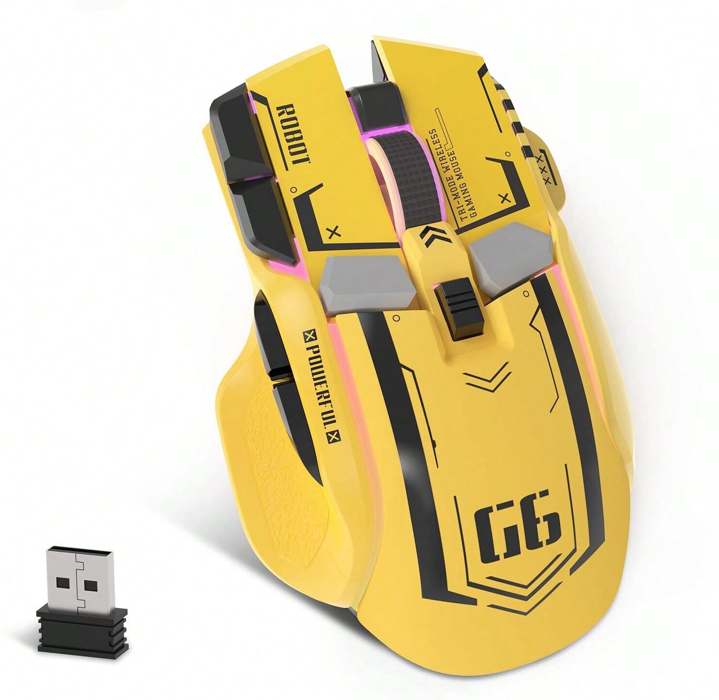 SHEIN ATTACK SHARK G6 Gaming Mouse, Wired/Wireless/Blue bud Tri Modes, 5 Adjustable DPI and 11 RGB Backlit, Rechargeable Silent Computer Gaming Mice for Windows/Android/iOS Yellow one-size